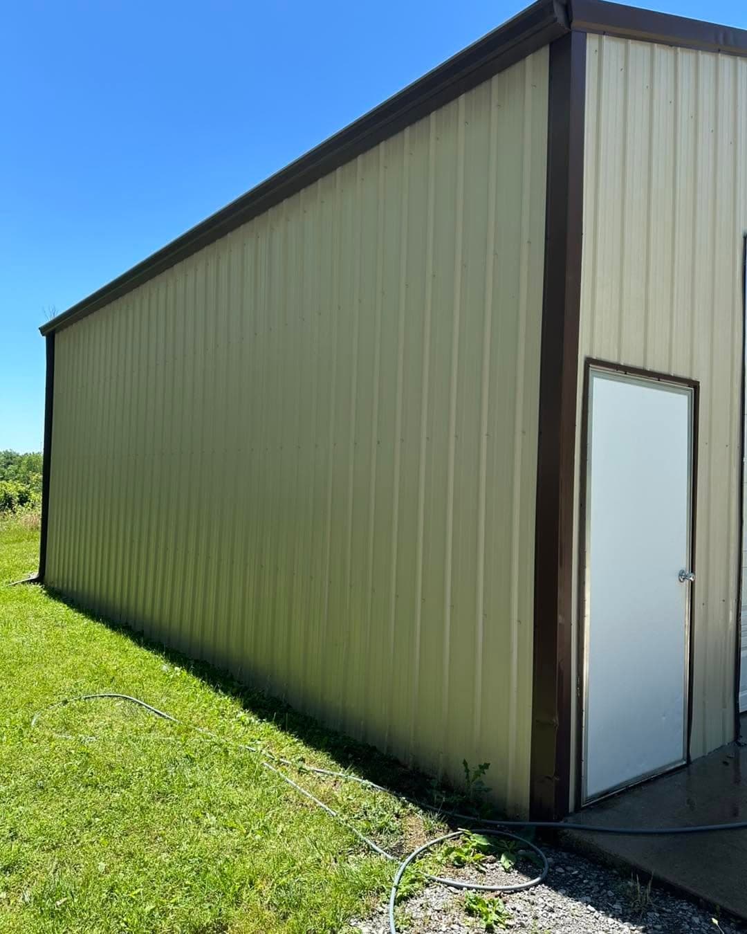 Shop building side wall after a wash