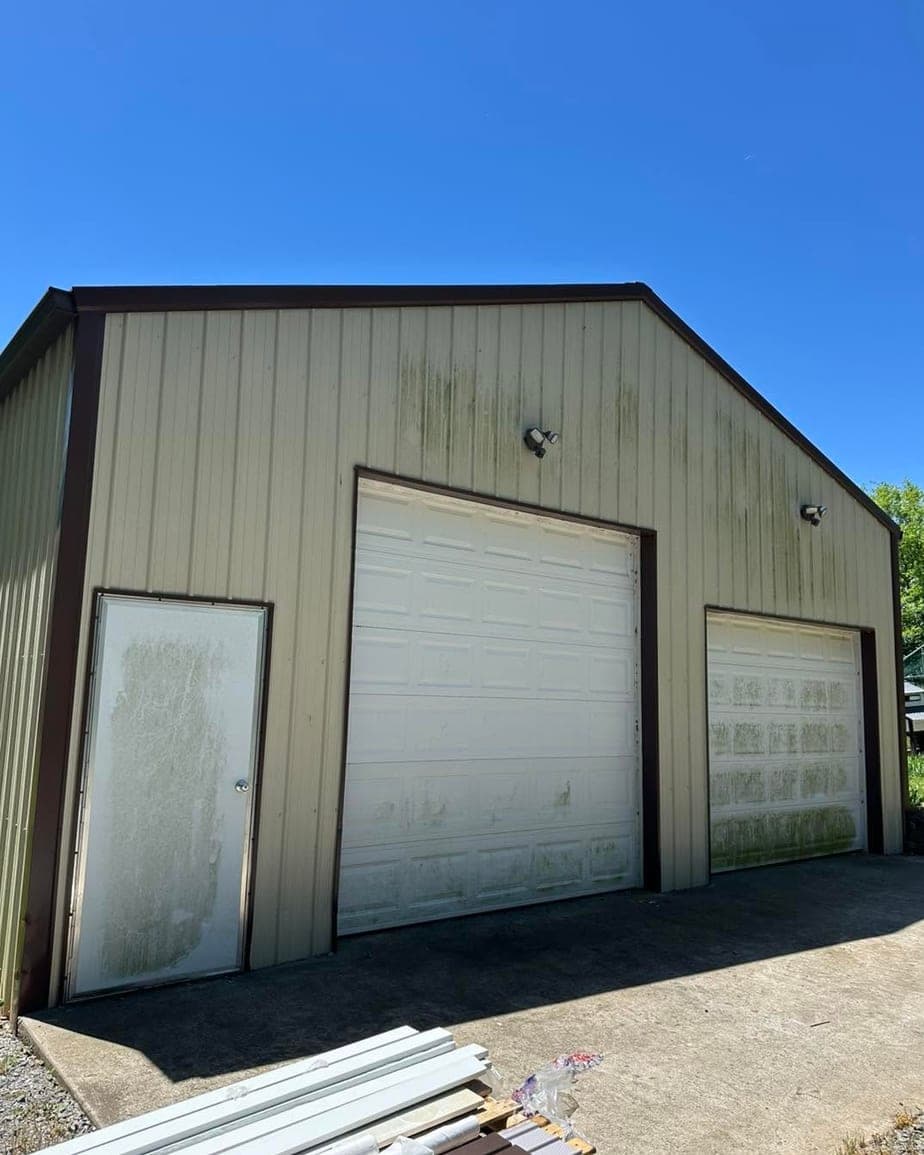 Metal shop building, pressure washing, before